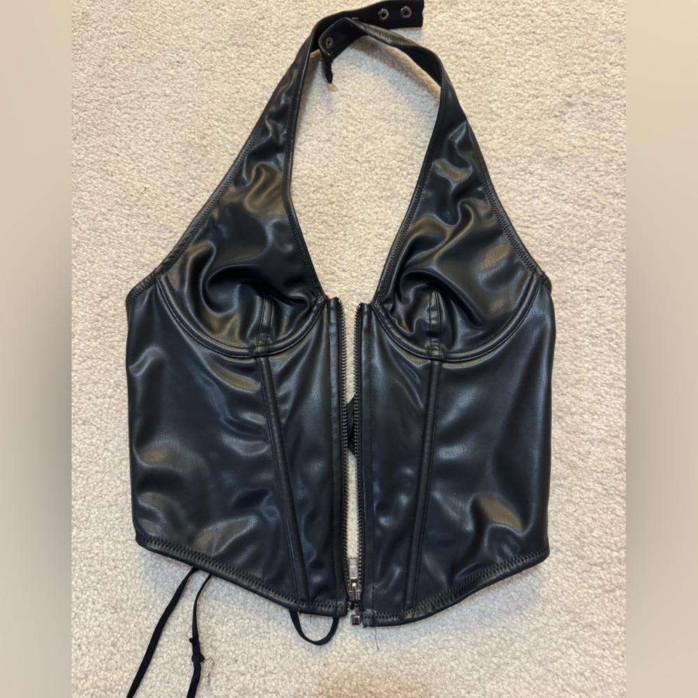 Urban Outfitters Black Faux Leather Halter Zip Front Corset Top
